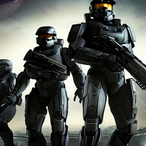 Image similar to halo odst troopers on a film noire city skyline at night