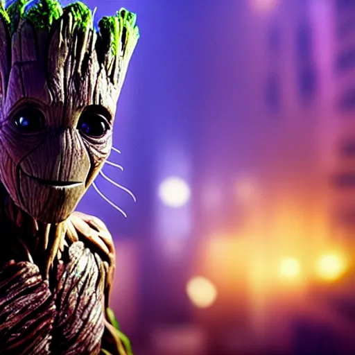 Image similar to movie still of groot as a cat, 4 k, bokeh, dramatic lighting