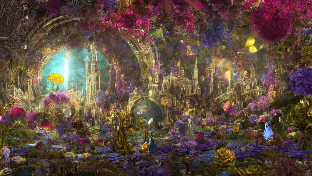 Prompt: a centered render of intricate modular synthesizer of alice in wonderland, shining its light across a tumultuous sea of flowers, undersea animals and gothic crystal church by dorothea tanning and salvador dali, trending on artstation, cyber punk, soft light color, unreal engine, high detailed, 8 k