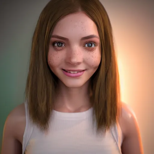 Prompt: Render of April, a cute 3D young woman, bronze brown hair, full round face, green eyes, light tan skin cute freckles, light blush, smiling softly, wearing casual clothing, interior lighting, cozy living room background, medium shot, mid-shot, hyperdetailed, trending on Artstation, Unreal Engine 4k