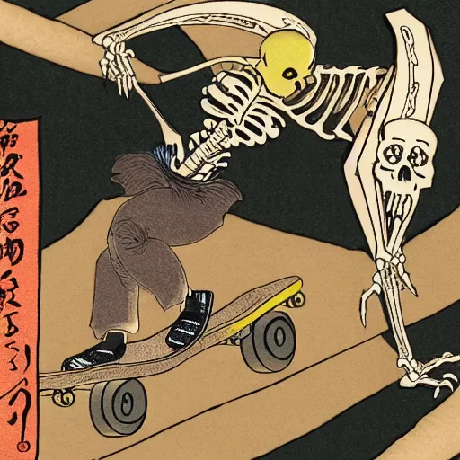 Image similar to A skeleton rides a skateboard, ukiyo-e, highly detailed, trending on artstation, 8k,