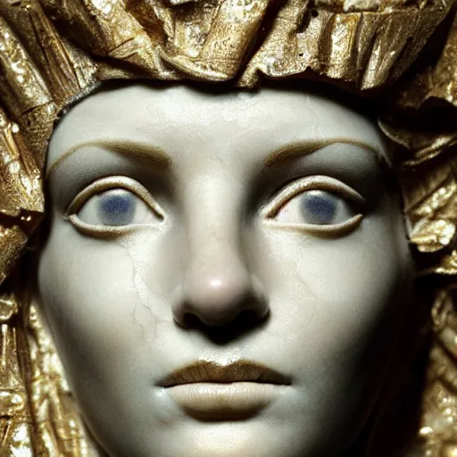 Prompt: a masterpiece marble sculpture of the veiled cleopatra, subsurface cracks, !dramatic !face, !female, covered in intricate !detailed golden !!streaked veil , physically based rendering, ultra photo realistic, cinematic lighting , dark background by Dan Hillier