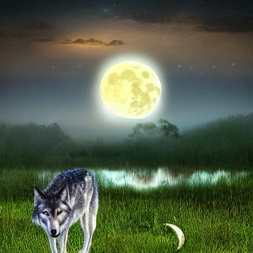 Image similar to photoshop of wolf with reptile scales instead of fur, a crocodile tail replacing the wolve's tail, photorealistic, yellowish moon overlooking misty swamp