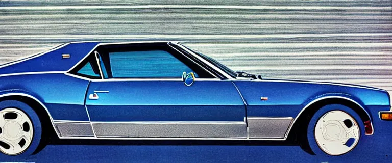 Image similar to denim blue audi camaro b 1 ( 1 9 6 7 ), 8 0 s retro poster, establishing shot