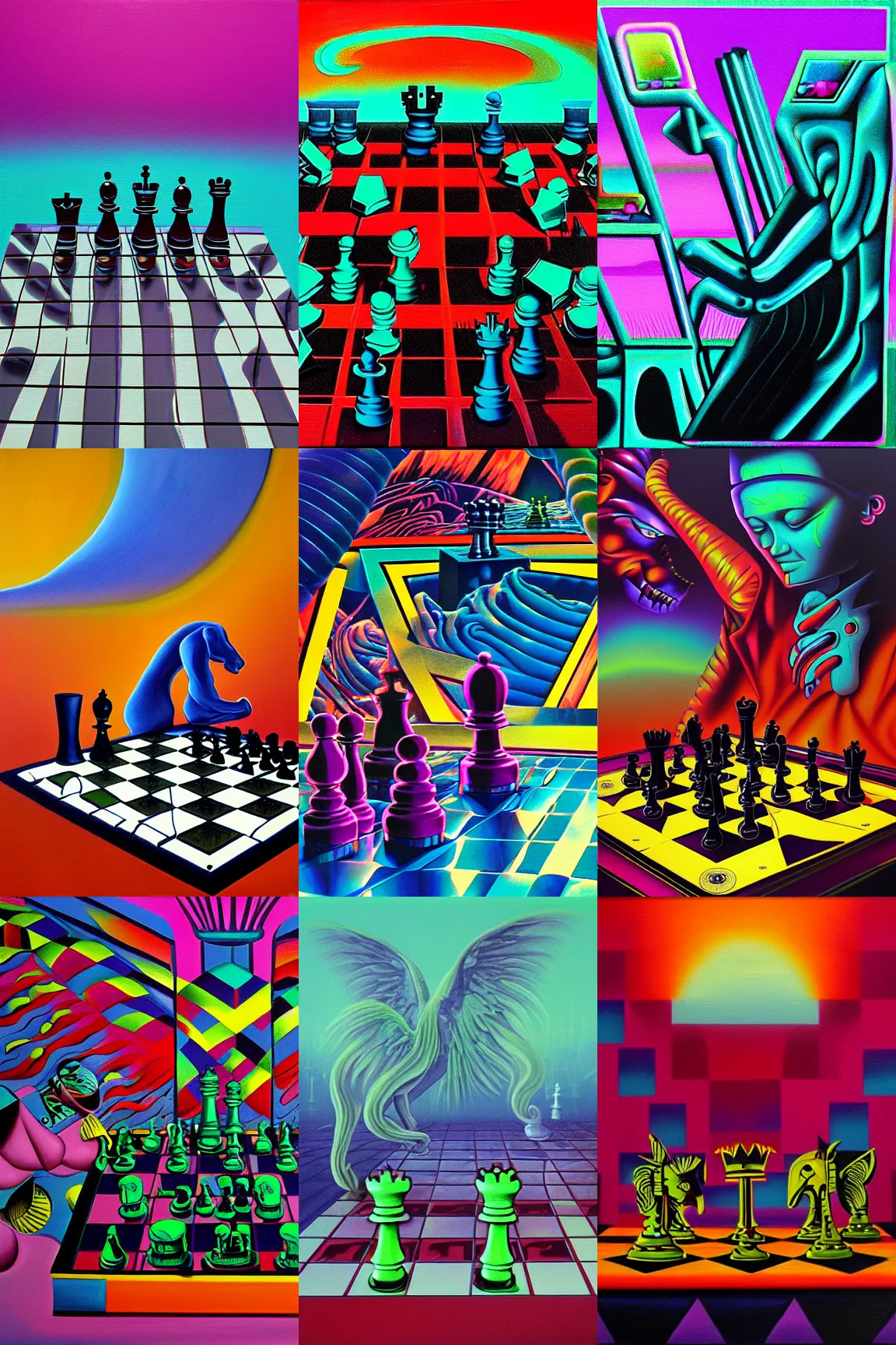 Prompt: surreal chess, extreme detail, 80s style synthwave, lofi colors, oil on canvas