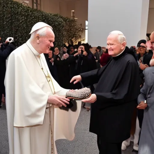 Image similar to john paul ii admiring a yeezy sneaker in his hands