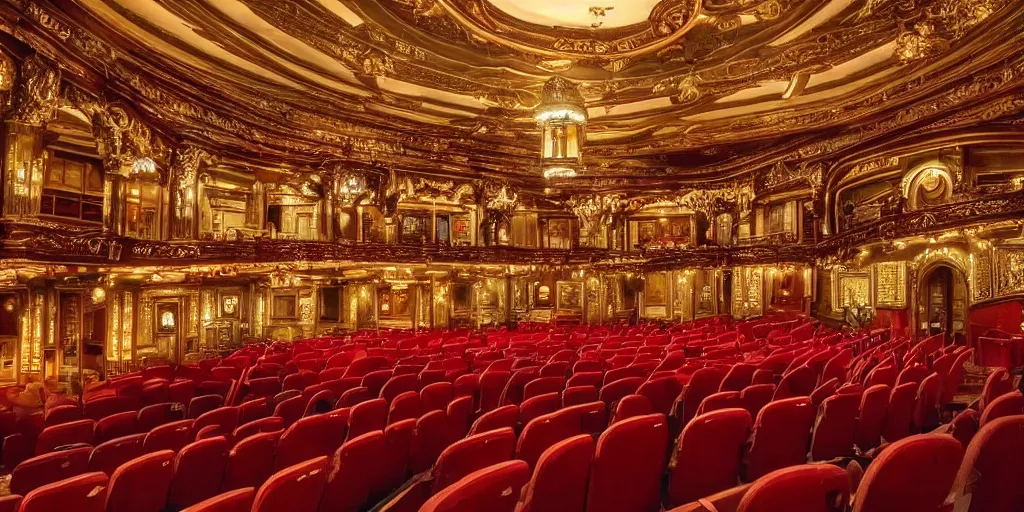 Image similar to realistic interior photo of pathe tuschinski amsterdam, 8 k, hyper realistic, very detailed,