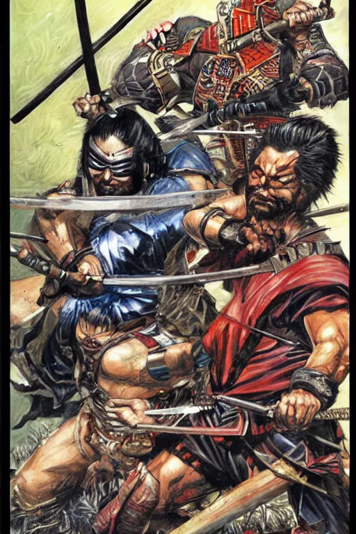 Image similar to samurai duel by mark zug, simon bisley and Daryl Mandryk