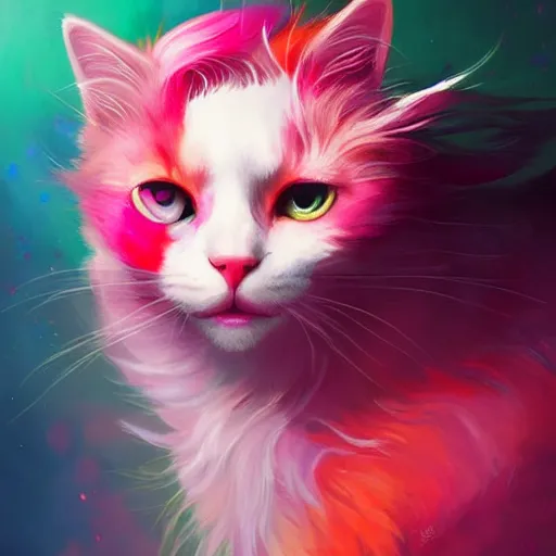 Image similar to colorful and festive cat with pink hair,. rich vivid colors, ambient lighting, dynamic lighting, 4 k, atmospheric lighting, painted, intricate, highly detailed by charlie bowater