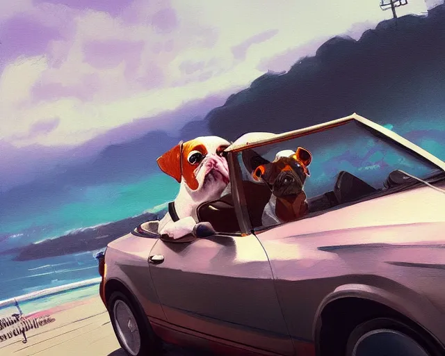 Prompt: a painting of a hipster dog driving a convertible in monte carlo, in the style of greg rutkowski and artgerm, highly detailed, artstation