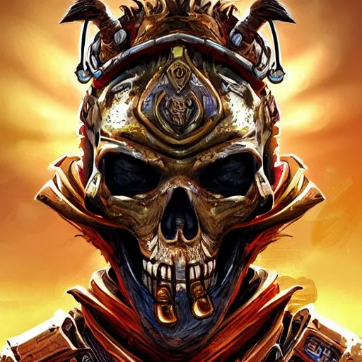 Prompt: a golden skull face monkey warrior with a ruby in his forehead, Apex Legends character digital illustration portrait design, by android jones, detailed, cone lighting, wide angle action dynamic portrait