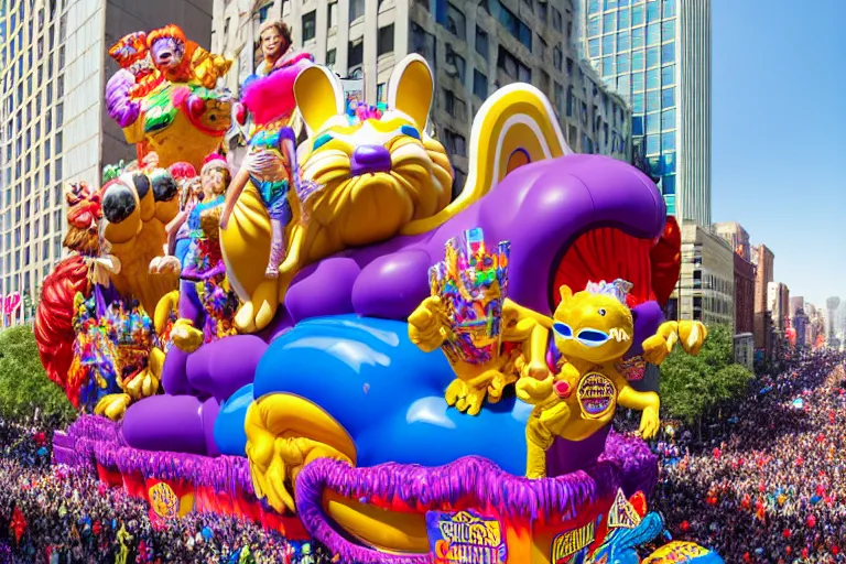 Image similar to photo of giant elaborate parade float designed by geoff darrow!!!! and ( ( ( ( ( ( lisa frank ) ) ) ) ) ), in the macys parade, detailed 4 k photo