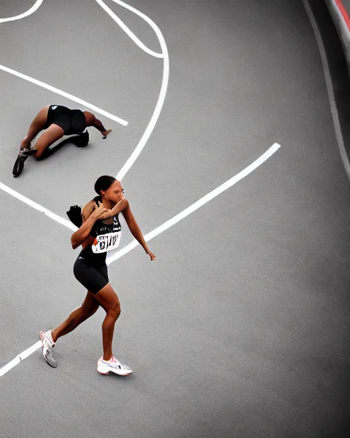 Image similar to allyson felix, crouching at the 2 0 0 - meter starting line, hyperreal, sports photography in the style of neil leifer