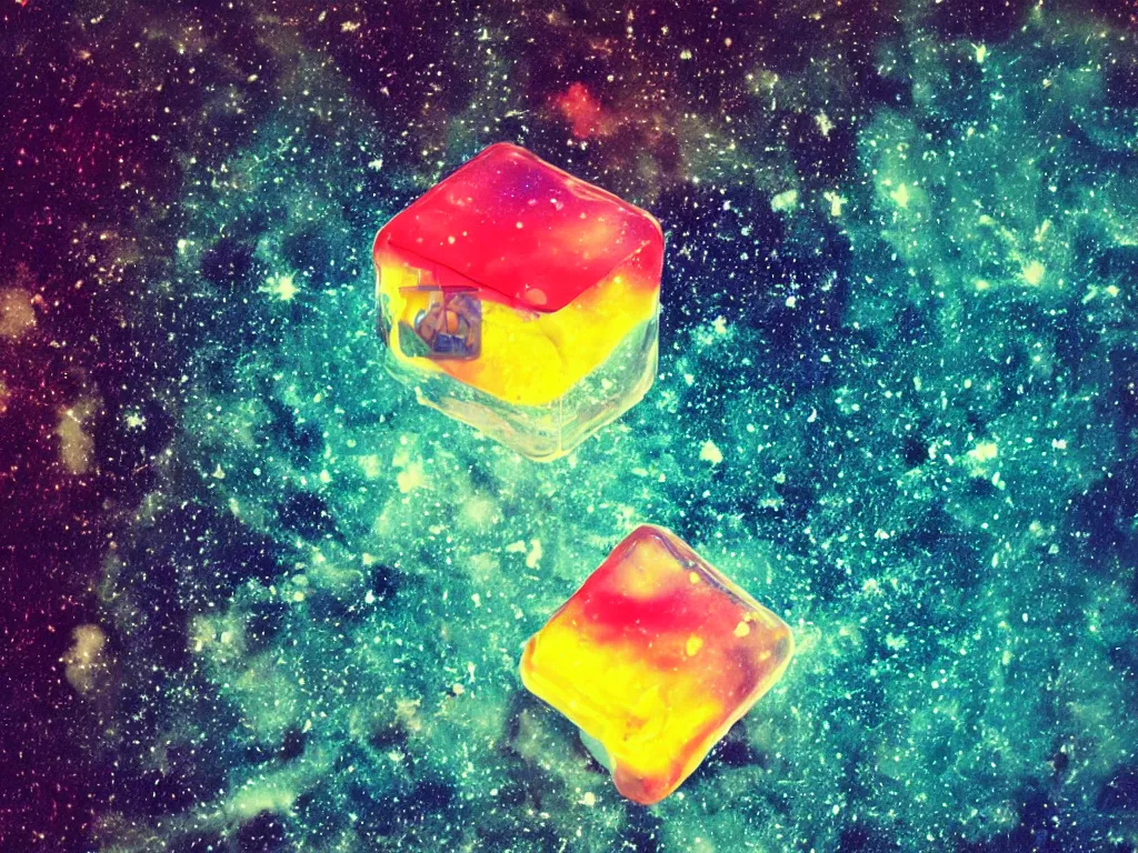 Prompt: a 3 d colourful giant ice cube floating in the universe, galaxies and stars in the background, polaroid photo style, retro effect, high details, one ice cube