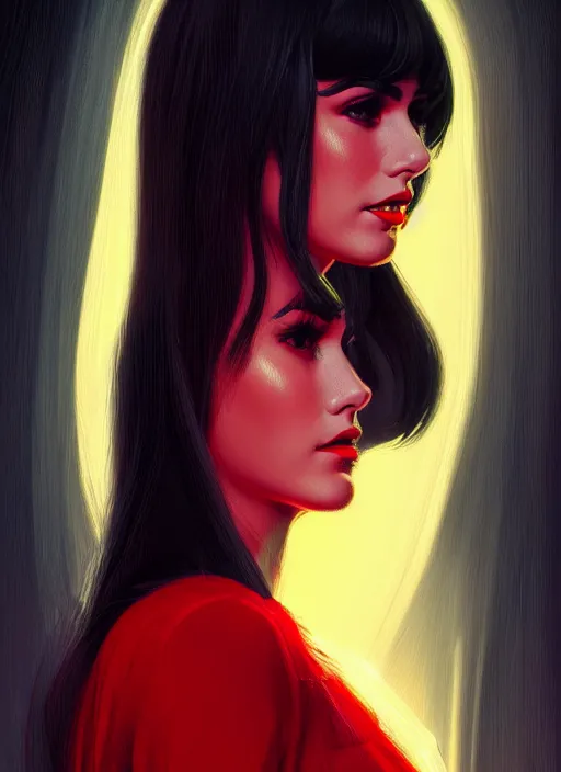 Image similar to portrait of veronica lodge with bangs, 1 9 6 0 s, long hair, red clothes, bangs, intricate, elegant, glowing lights, highly detailed, digital painting, artstation, concept art, smooth, sharp focus, illustration, art by wlop, mars ravelo and greg rutkowski