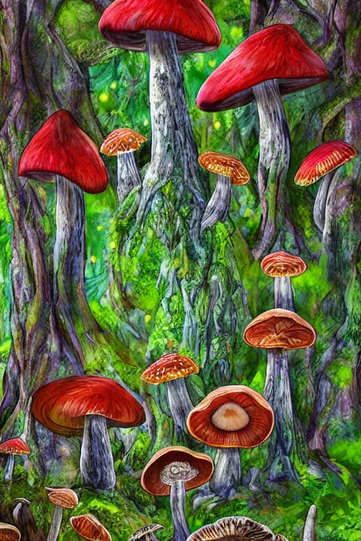 Image similar to digital painting detailed forest tree magical forest flowers mushrooms painted by Mario Cooper