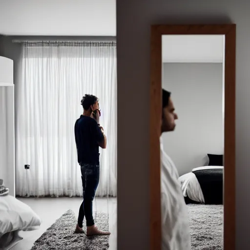 Prompt: young white woman and man staring at a mirror showing infinite reality, bedroom, XF IQ4, 150MP, 50mm, F1.4, ISO 200, 1/160s, natural light