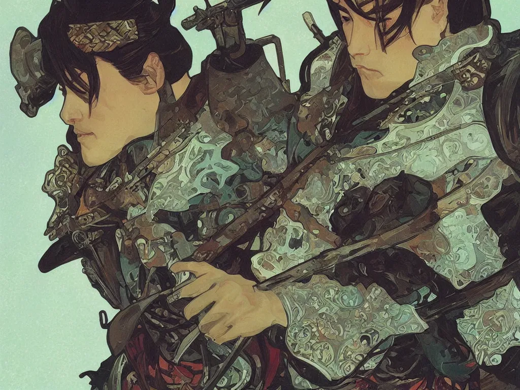 Prompt: close up of a samurai in full armor, by fiona staples, alphonse mucha, sachin teng
