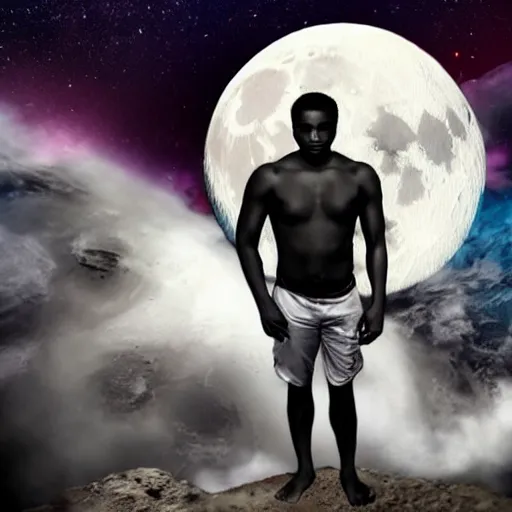 Image similar to a guy with purple eyes, completely deep black skin, with black. magic powers, he's on the moon