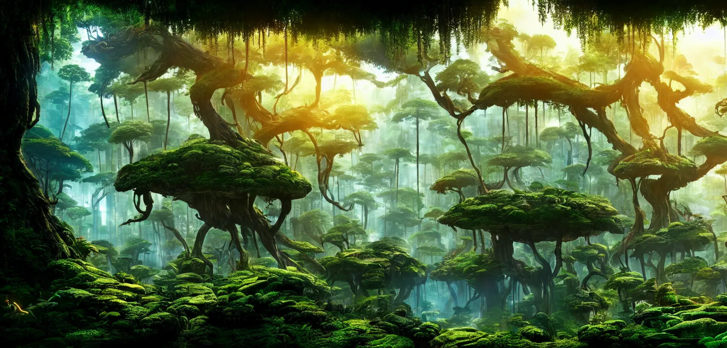 Image similar to forest world of avatar ， central symmetrical composition, incredible, vector art, octane render, fabulous, hyper detailed, random cinematic view, no noise, global illumination, warm lighting, volumetric, godrays, vivid, beautiful