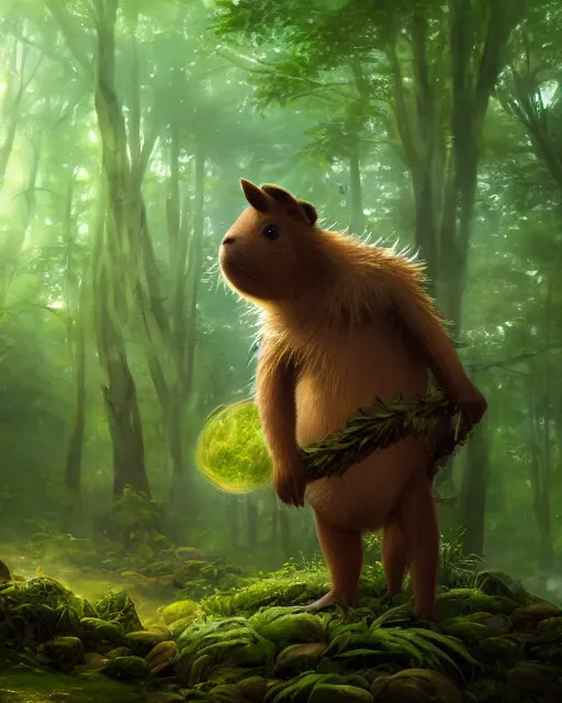 Image similar to oil painting of Anthropomorphized Capybara Druid casting green magic spell, wearing leaf cloak, glowing eyes, casting spell, sharp focus, fantasy style, octane render, volumetric lighting, 8k high definition, by greg rutkowski, highly detailed, trending on art Station, magic the gathering artwork, magical forest backround, centered