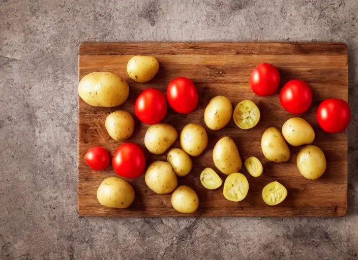 Image similar to cut potatoes and tomatoes, on a wooden board, sunlight streaming in, cookbook photography