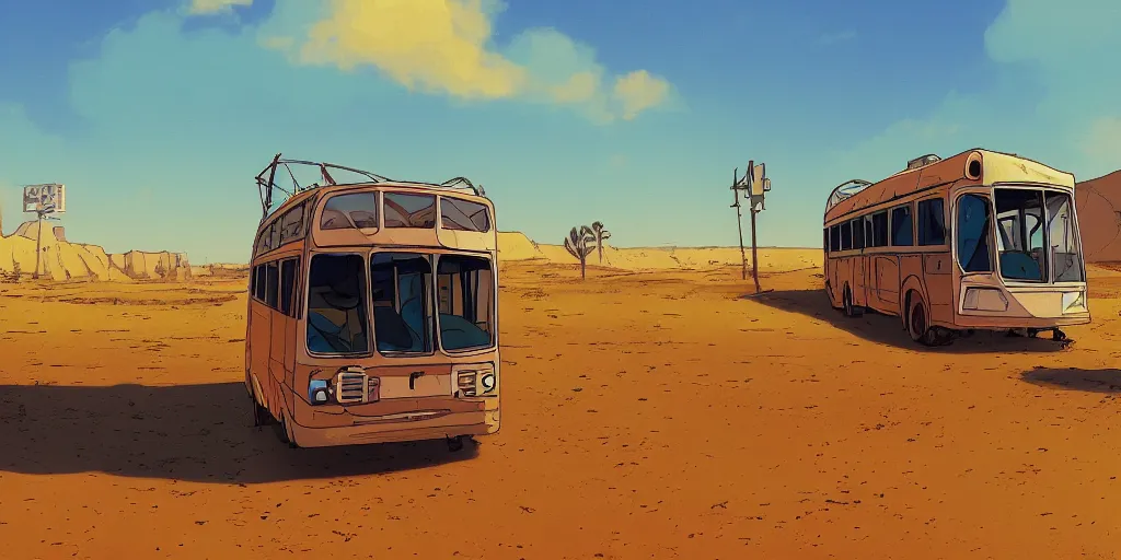 Image similar to an israeli egged bus driving in the negev, noon, sunlights, wide shot, digital art, ghibli style, vivid colors, flat colors, trending on artstation, high quality