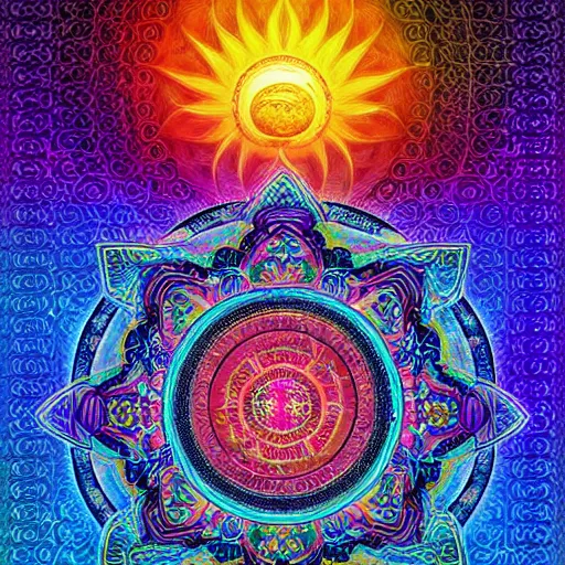 Image similar to rainbowcore, taichi sign glowing, surrounded by lotus, with the sun shining with the moon, with detailed mandala filled with fractals, bioluminescence, glowing runes, de-noise, symmetrical composition, high detailed, super clear, ornate border, 32k, by qiu ying