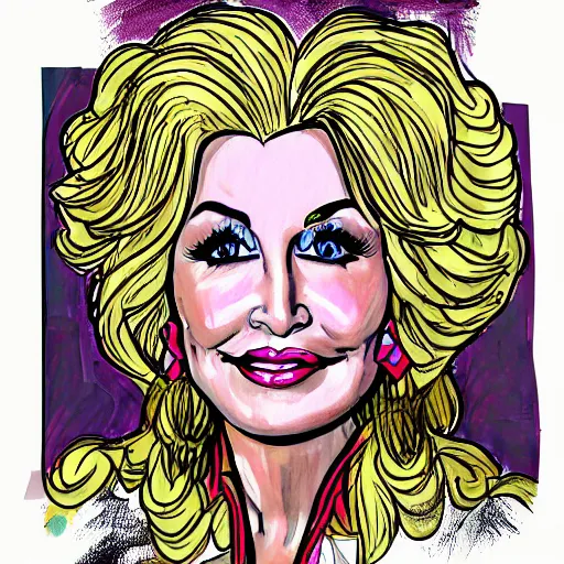 Image similar to dolly parton character sheet, illustration, sketch, portrait, gaudy colors, traditional painting, rough paper