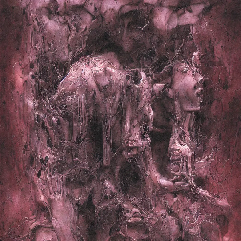 Image similar to portrait of girl melting with machine by wayne barlowe and zdislaw beksinski