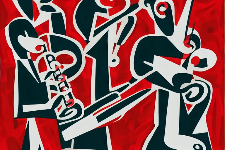 Image similar to 3 jazz musicians, head and shoulders playing with musical notes as abstract art in the style of Stuart Davis, texture, matte illustration