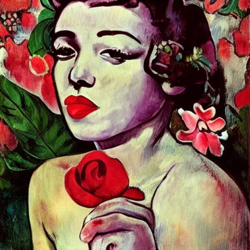 Image similar to Girl in flowers, red lipstick on her face, ugly look, Gauguin style, the appearance of Marilyn Monroe