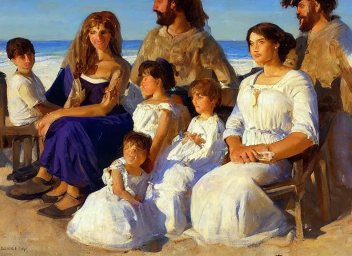 Image similar to a highly detailed beautiful family portrait of a roman family at the beach, by gregory manchess, james gurney, james jean