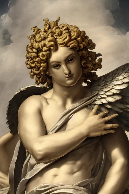 Image similar to archangel Michael, face, closeup, ultra detailed, roman clothing, fog, Guido Reni style