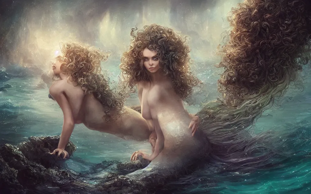 Image similar to beautiful mermaid with curly hair, dreamscape, magical details, magical atmosphere, cinematic lighting, hyper - detailed, cgsociety, 3 - d 8 k, high resolution, in the style of charlie bowater, tom bagshaw, alexis franklin, elena masci, pawel rebisz