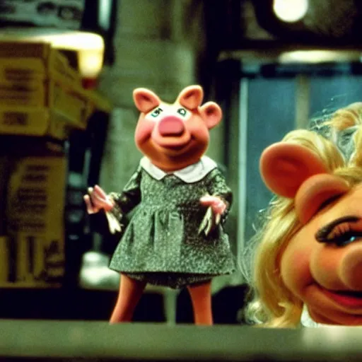 Image similar to movie still of miss piggy in the matrix