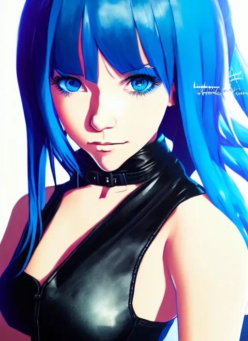 Image similar to hyper realistic photograph portrait of pretty girl with blue hair, wearing a full leather outfit, holding a whip, dramatic lighting by makoto shinkai, ilya kuvshinov, lois van baarle, rossdraws, basquiat