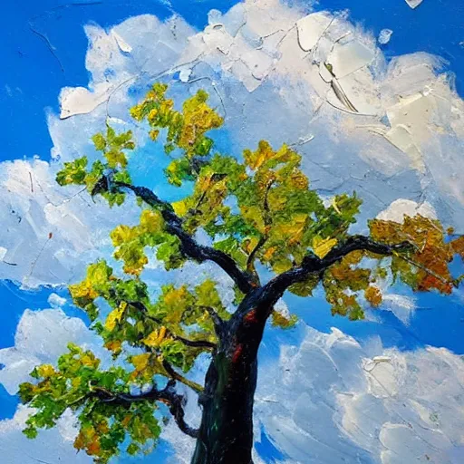 Image similar to oil paint impasto reliefs of looking up at a large sunny oak tree, through to beautiful clouds, thick heavy painterly style using a palette knife - i