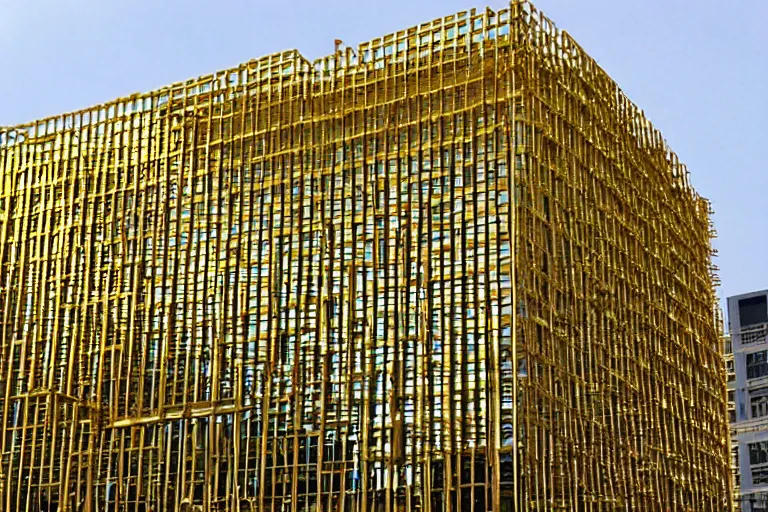 Prompt: a building, under construction, made of gold