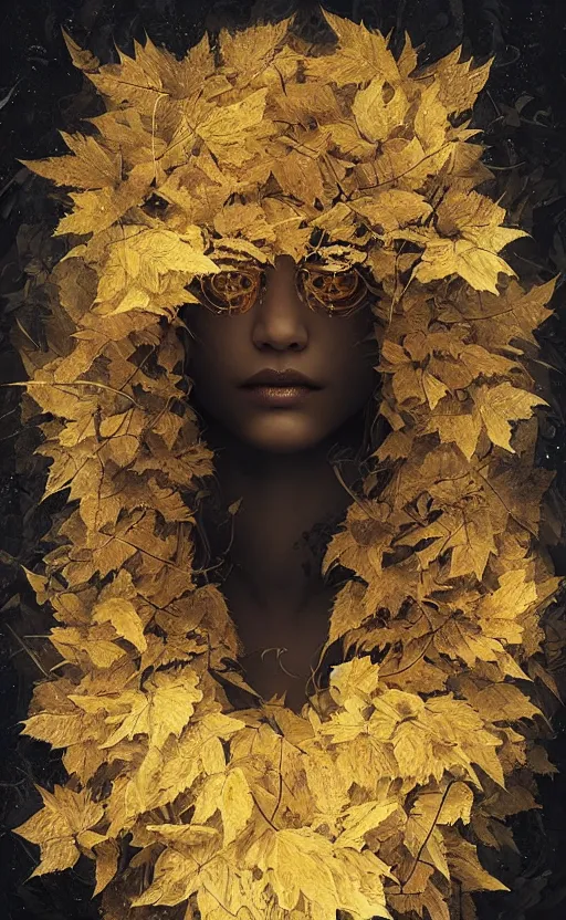 Image similar to golden leaves at frame border, creative!!! composition for a book cover!!!, absurdly beautiful, ultrafine hyperrealistic detailed old witch face by wlop and artgerm and greg rutkowski, intricate linework, sharp focus, smooth, octopath traveler, final fantasy, unreal engine, dramatic lighting, ethereal, 8 k