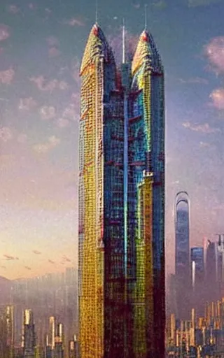 Prompt: A painting of a skyscraper designed by Antoni Gaudí in Hong Kong, by greg rutkowski and thomas kinkade