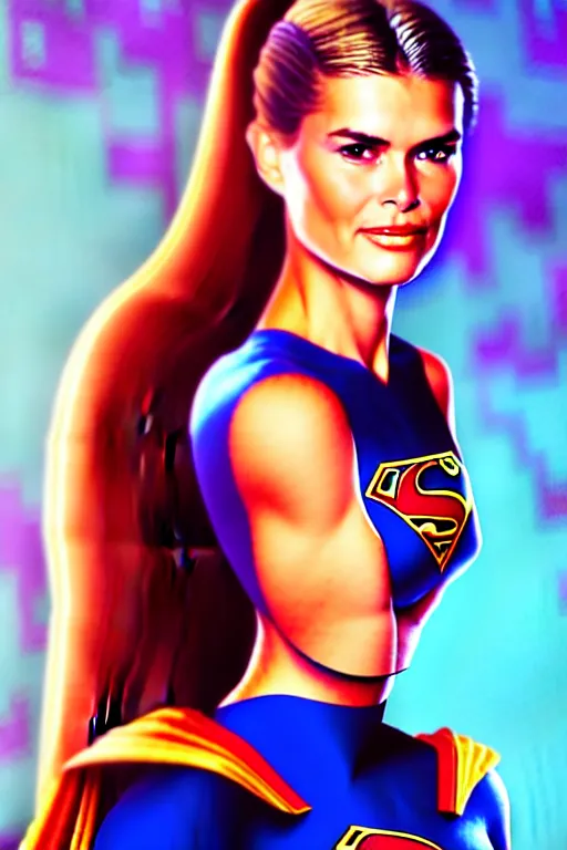 Image similar to portrait of a mix of beautiful young maria shriver, mariel hemmingway, brooke shields and elle macpherson as supergirl, thin lips, hair tied up in a pony tail, colorful artstation, cgsociety