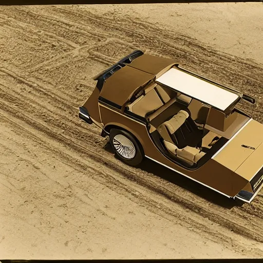 Image similar to a birds - eye view sepia photograph of a delorean made into a covered wagon, traveling in a line with covered wagons and cattle, photorealistic