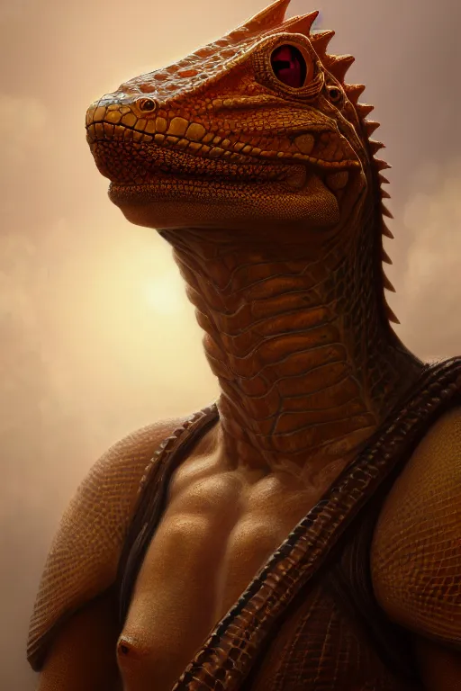 Image similar to a portrait of a lizardfolk, scale skin, illustration, soft lighting, soft details, painting oil on canvas by Edmund Blair Leighton and Charlie Bowater octane render trending on artstation d&d characters, 4k, 8k, HD