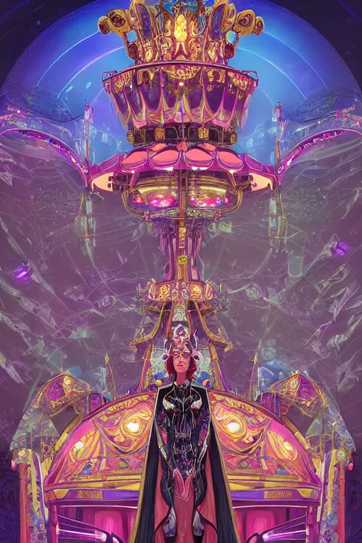 Image similar to ethereal cybernetic empress tsarina wearing futuristic sentient alien carousel crown in the fantasy amusement carnival, extremely detailed, sharp focus, wide view, full body shot, smooth, digital illustration, by dan mumford. james jean, by rossdraws, frank franzzeta, sakimichan