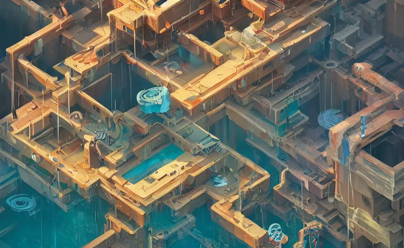 Image similar to art by filip hodas, pixar, and artgerm. level design many pipes from which clean water flows. many people and shops with goods. clean, neat, indoor, advertising, entertainments, inside, interior.