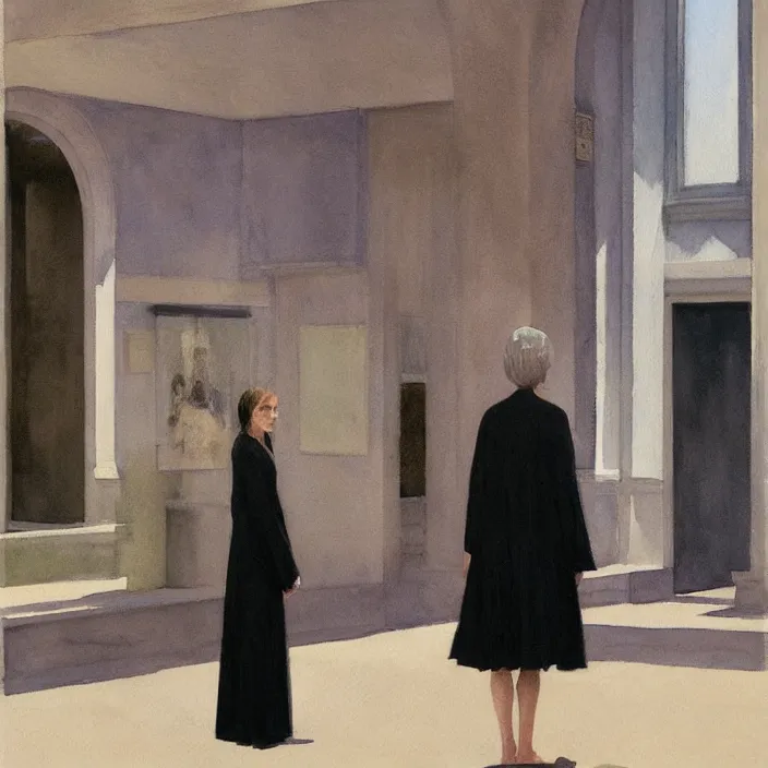 Image similar to woman in black robes, short skirt, in magnificent shopping mall, artstation, watercolor painting, art by edward hopper, zdislav beksinski, wayne barlowe, edward hopper