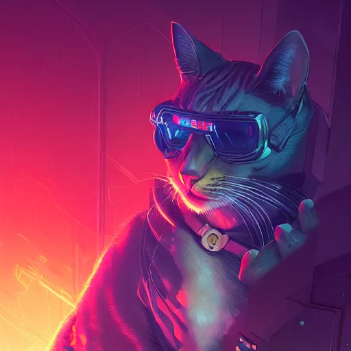 Image similar to detailed portrait of a cat, synthwave, retrowave, cyberpunk, illustration by Jordan Grimmer and Greg Rutkowski, trending on Artstation