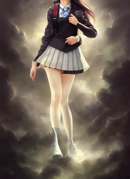 Image similar to a beautiful woman with school uniform, seifuku, pleated miniskirt, overknee socks, adriana lima, painted by artgerm and tom bagshaw, fantasy art, dramatic lighting, highly detailed oil painting, volumetric lighting