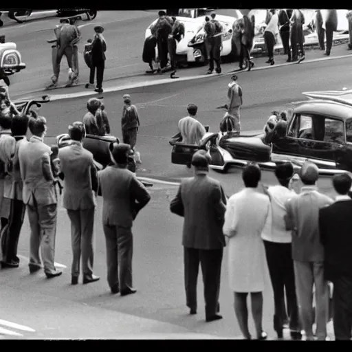 Prompt: crowd of people with guns stand at the roadside watching jfk motorcade, photo, filmic, 1960s, black and white